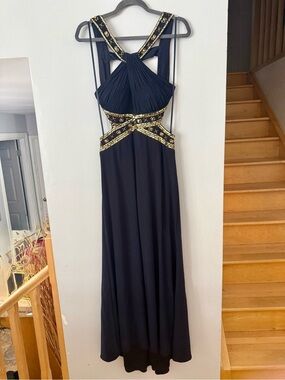 Betsy & Adam Black Gold Halter Gown Embroidered Chiffon Formal Prom